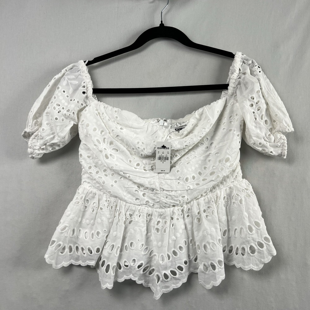 Express Eyelet Crop Top Womens Small White Peasant Milkmaid Puff Sleeves Cotton